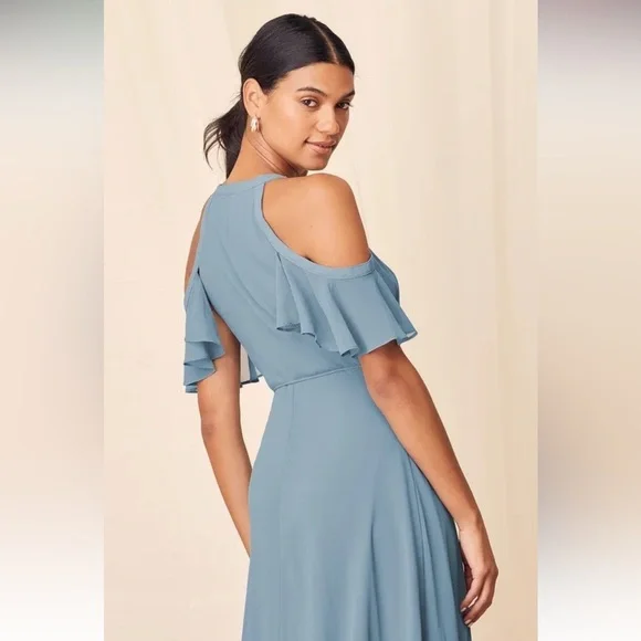 NWT Lulus Easy Listening Slate Blue Cold-Shoulder Wrap Maxi Dress - Picture 5 of 12